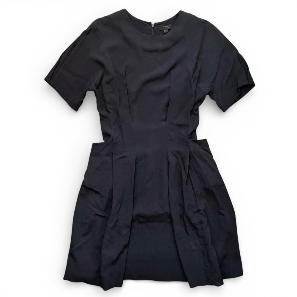 COS Black Crepe Pleated Gathered Fit Flare Short Sleeve Midi Dress Pockets 6